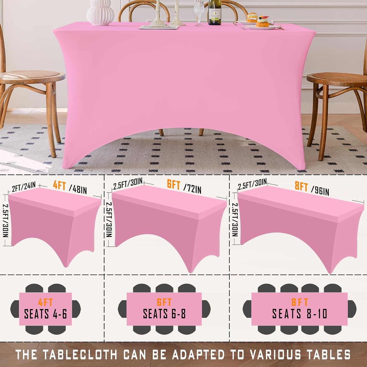 Table Cloth Pink 4FT Spandex Tablecloth for Rectangle Fitted Table Cloths Stretch Covers Washable Wrinkle Free Tablecloths for Festival Camping Picnic Wedding Party