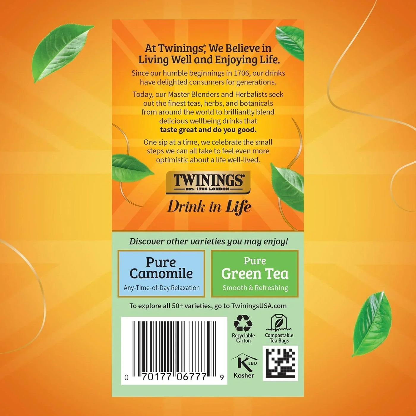 Twinings tea box back label with brand story, camomile and green tea options, recyclable carton, kosher certified