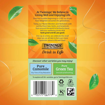 Twinings tea box back label with brand story, camomile and green tea options, recyclable carton, kosher certified