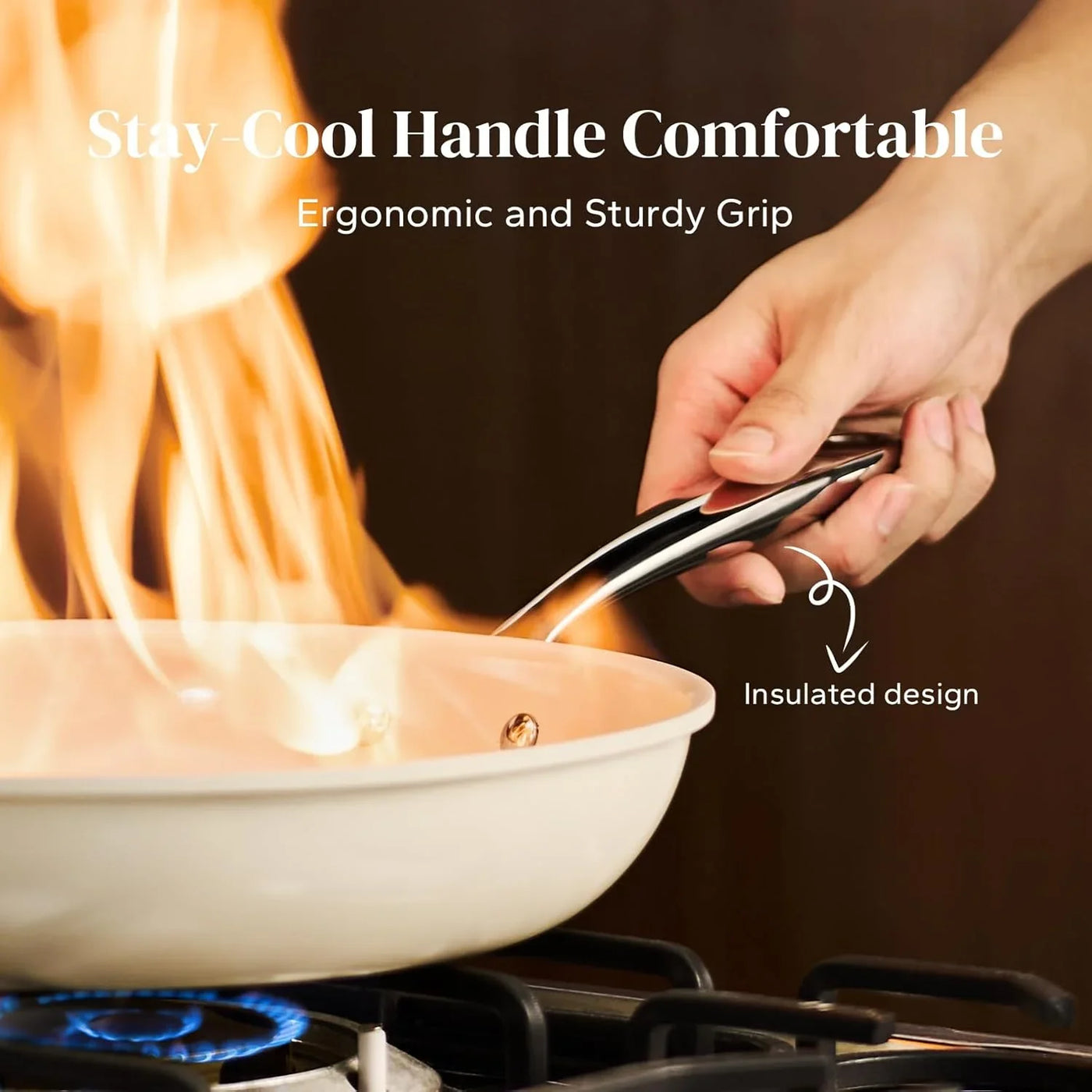 Nonstick Frying Pans Set, Ceramic Pan Skillet, Non Toxic Pans for Cooking, 8" 9.5" 11" Ceramic Frying Pan Set PFAS & PTFE & PFOA Free with Stay Cool Handle, Dishwasher & Oven Safe, Beige White