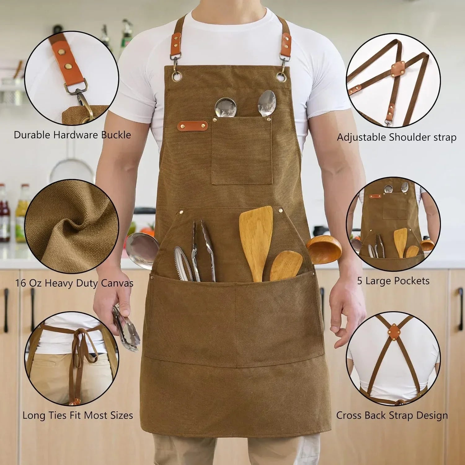 Heavy-duty canvas kitchen apron with adjustable straps, 5 large pockets, and durable hardware for cooking tools.