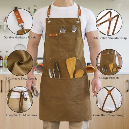 Heavy-duty canvas kitchen apron with adjustable straps, 5 large pockets, and durable hardware for cooking tools.