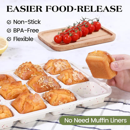 2 Pcs Brownie Pan with Dividers Silicone Nonstick Mini Individual 12 Cup Square Muffin Cupcake Pans with Metal Reinforced Frame(Cream)