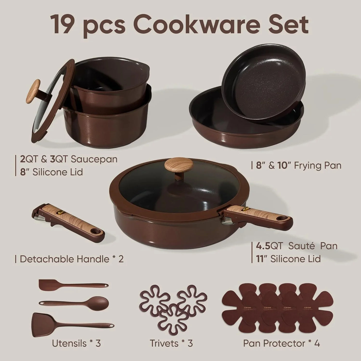 19PCS Ceramic Nonstick Cookware Set, Pots and Pans Set with Detachable Handle, Pfas-Free Non-Toxic, Induction & Oven Safe, Stackable Space-Saving, Dark Choco