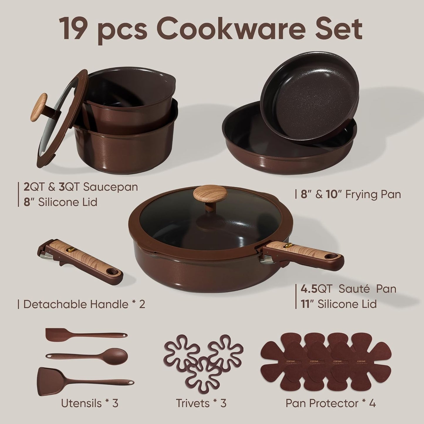 19PCS Ceramic Nonstick Cookware Set, Pots and Pans Set with Detachable Handle, Pfas-Free Non-Toxic, Induction & Oven Safe, Stackable Space-Saving, Dark Choco