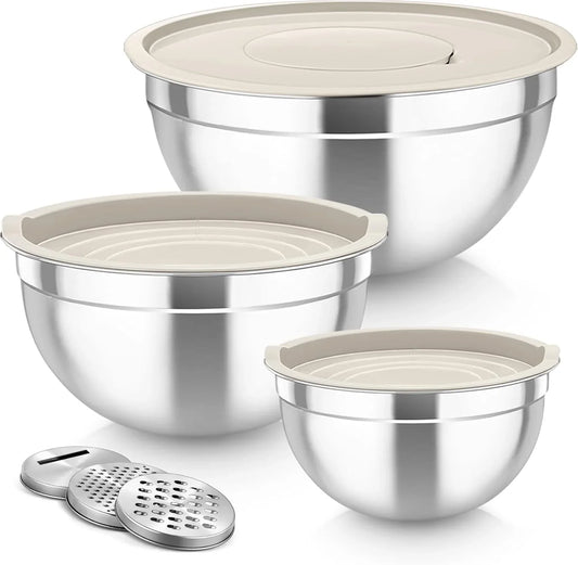 Mixing Bowls, Stainless Steel Nesting Salad Bowls with Lids Set of 3 & 3 Grater Attachments, for Mixing/Serving/Storing, Non-Toxic & Long-Lasting, Size 4.6/3 / 1.5 QT, Khaki
