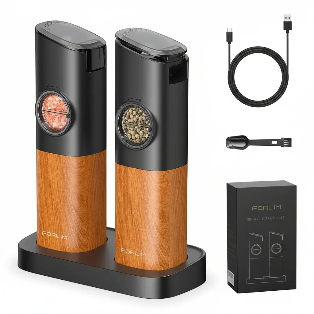 FORLIM electric salt and pepper mills with wooden base, USB charging cable, and scoop, modern kitchen seasoning set