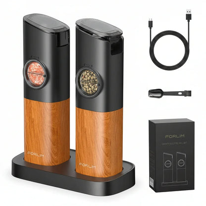 FORLIM electric salt and pepper mills with wooden base, USB charging cable, and scoop, modern kitchen seasoning set