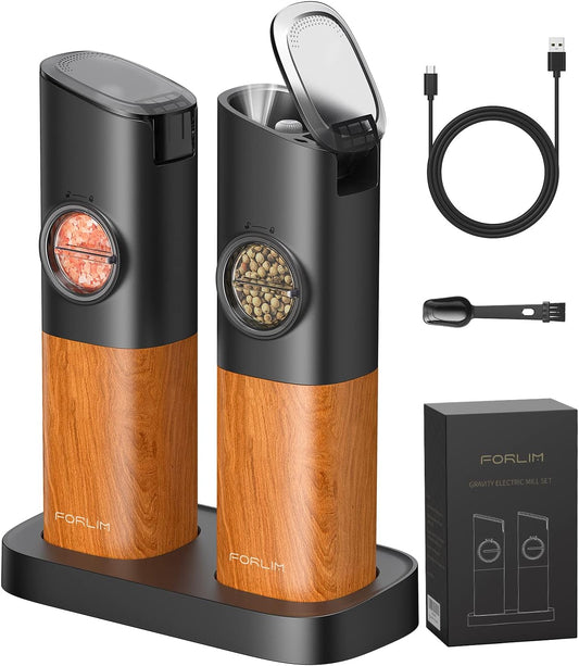 Gravity Electric Salt and Pepper Grinder Set, Upgraded Large Capacity, USB Rechargeable Pepper Grinder Automatic One Hand Operated, Adjustable Coarseness with LED Light（Natural Wood Grain）