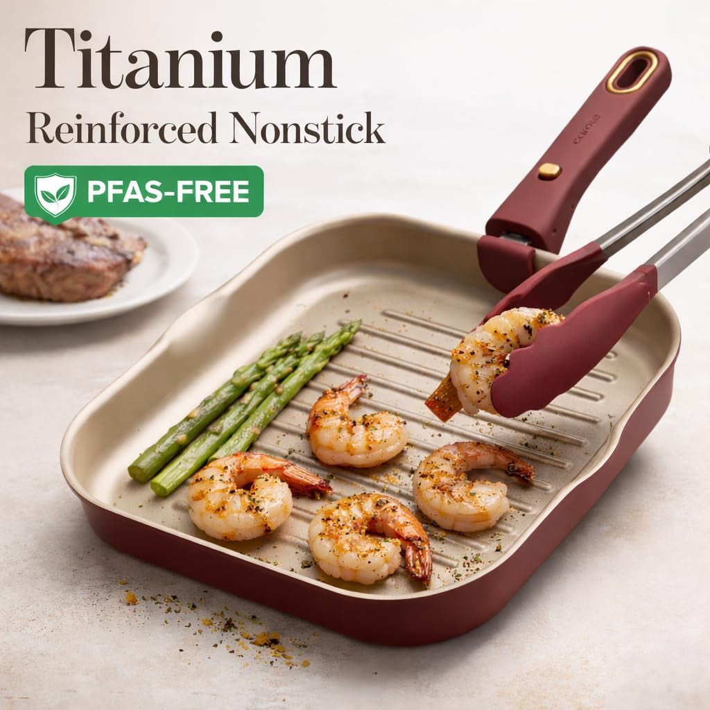 10 Inch Titanium Reinforced Nonstick Grill Pans for Steak, Non-Stick Grill Pans Sets with Detachable Handle, PFOS, PFOA Free, Gas & Induction Safe, All Stovetops Compatible, Burgundy