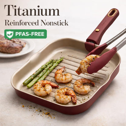 10 Inch Titanium Reinforced Nonstick Grill Pans for Steak, Non-Stick Grill Pans Sets with Detachable Handle, PFOS, PFOA Free, Gas & Induction Safe, All Stovetops Compatible, Burgundy