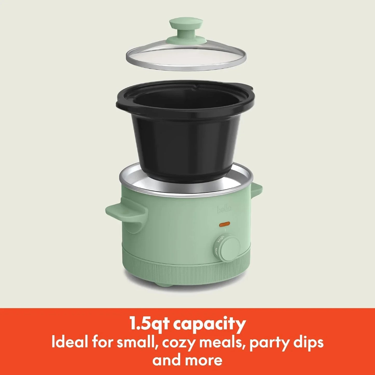 1.5 Qt Slow Cooker with 3 Heat Manual Control, Ceramic Nonstick Coating, Dishwasher Safe Stoneware Pot and Tempered Glass Lid, Tangle Free Cord Wrap & Cool Touch Handles, Seaglass