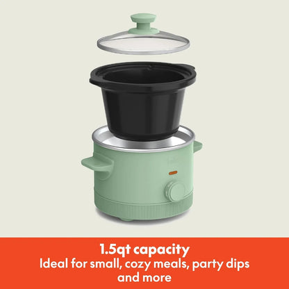 1.5 Qt Slow Cooker with 3 Heat Manual Control, Ceramic Nonstick Coating, Dishwasher Safe Stoneware Pot and Tempered Glass Lid, Tangle Free Cord Wrap & Cool Touch Handles, Seaglass