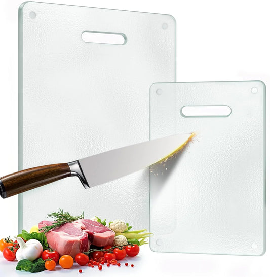 Tempered Glass Cutting Board for Kitchen, 2PCS Clear Chopping Board with Handle (16"X12" & 12"X8"), Plastic Free, Scratch Resistant, Heat Resistant, Dishwasher Safe, Non-Toxic, Easy to Clean