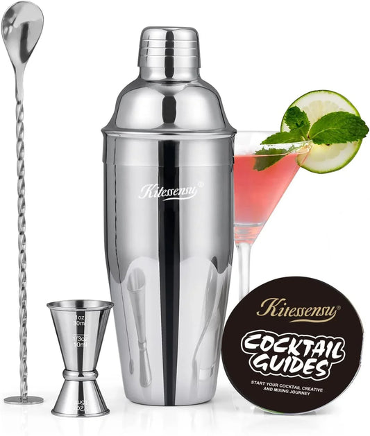 Cocktail Shaker,  24Oz Drink Shaker with Bartender Strainer, Measuring Jigger, Bar Mixing Spoon, Cocktail Recipe Guide, Professional Drink Mixer Set for Beginners, Silver