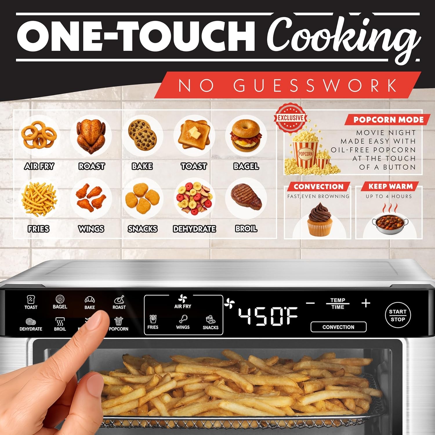 Toaster Oven Digital Air Fryer - Convection Mode with 4 Slice Capacity, 3 Rack Positions, 12 Presets, Toast, Bagel, Bake, Roast, Broil, Dehydrate, Popcorn, Fits 9" Pizza, Stainless Steel
