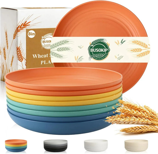 Wheat Straw Plate 8 Inch, Unbreakable Dinner Plates Sets for 8, Plastic Plates Reusable, Microwave and Dishwasher Safe Kitchen Plate for Cake, Dessert, Side Salad - Multi