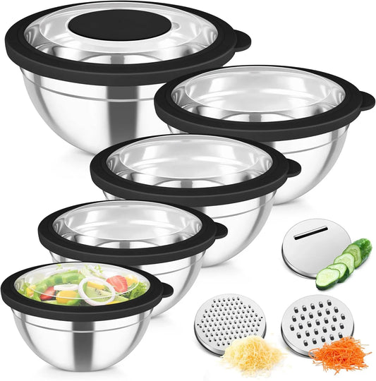Mixing Bowls, Stainless Steel Salad Serving Bowl with Clear Lids & 3 Graters, for Kitchen Cooking Prepping Storing, Size 4.6/2.6/1.5/1/0.7 QT, Nesting & Airtight, Set of 5 & Black