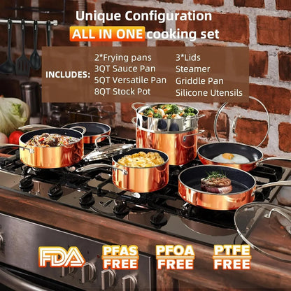 All-in-one copper cookware set with frying pans, saucepans, stockpot, steamer, griddle, and silicone utensils on stove