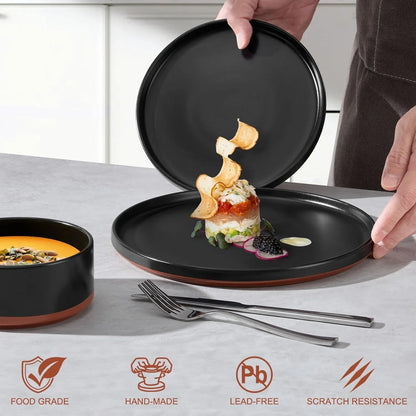 12 Pieces Porcelain Dinnerware Sets, Premium Plates and Bowls Set, High-Fired Ceramic Dishes Set for 4, Chip & Scratch Resistant, Microwave Dishwasher Safe, Charcoal Black
