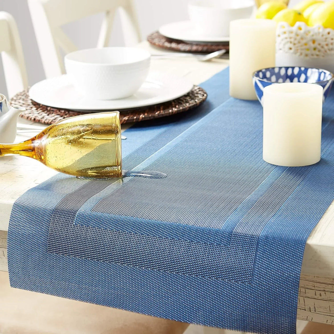 PVC Tabletop Collection Woven Indoor/Outdoor, Table Runner, 14X72, Nautical Blue