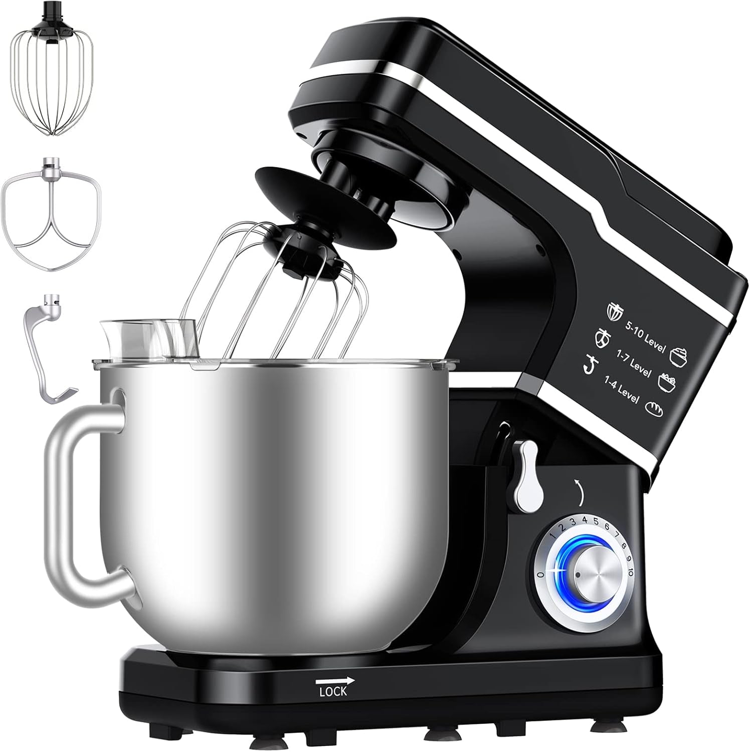 7.5 QT Stand Food Mixer, 10-Speed Tilt Head 3 In-1 Kitchen Electric Mixer with Stainless Steel Bowl, Egg Whisk, Dough Hook, Beater, Splash Guard, Compact Dough Mixer for Home Cooks, Black