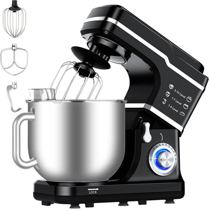 7.5 QT Stand Food Mixer, 10-Speed Tilt Head 3 In-1 Kitchen Electric Mixer with Stainless Steel Bowl, Egg Whisk, Dough Hook, Beater, Splash Guard, Compact Dough Mixer for Home Cooks, Black