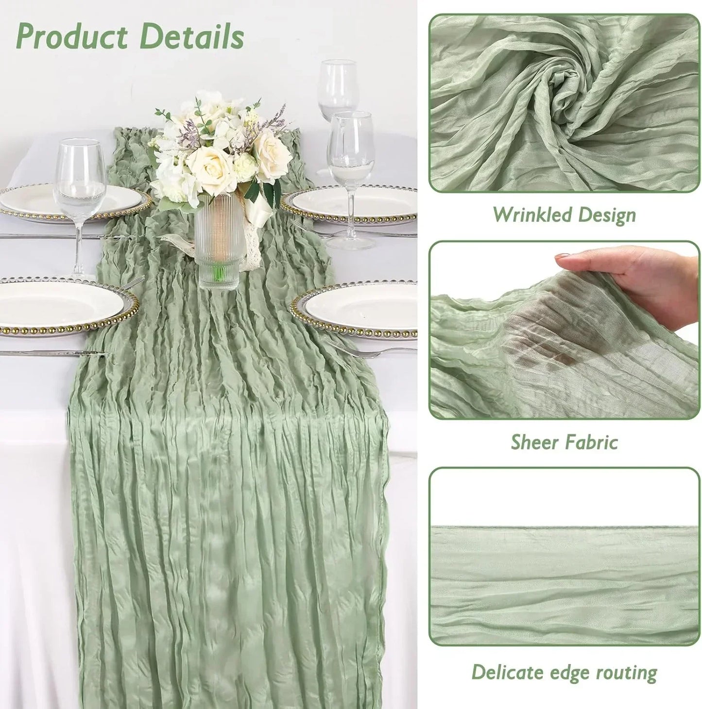 Mint green sheer table runner with wrinkled design and delicate edge routing for elegant dining setup