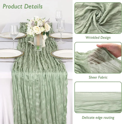 Mint green sheer table runner with wrinkled design and delicate edge routing for elegant dining setup