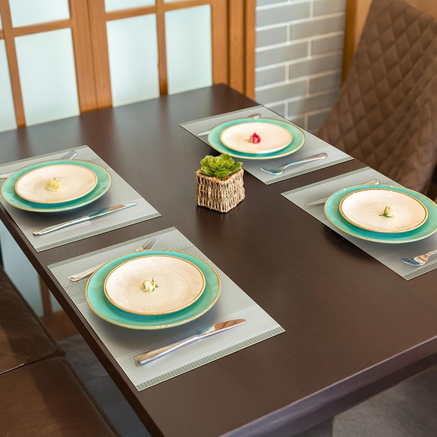 Striped Leather Placemats Set of 4, 12X15.7 Inch Japanese Style Non-Slip Place Mats, Washable Waterproof Table Mats for Indoor Kitchen Dining Party Table Decoration