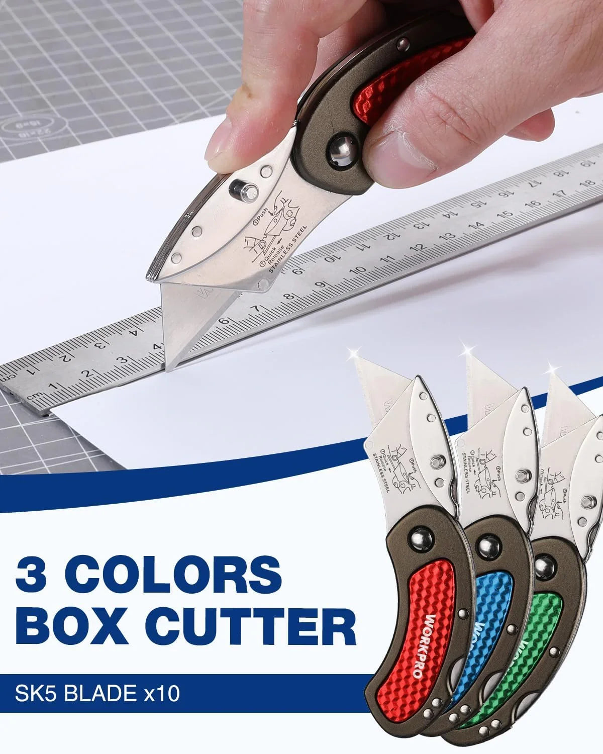 Folding Utility Knife Set Quick Change Blade, Back-Lock Mechanism 3-Piece with 10-Piece Extra Blades