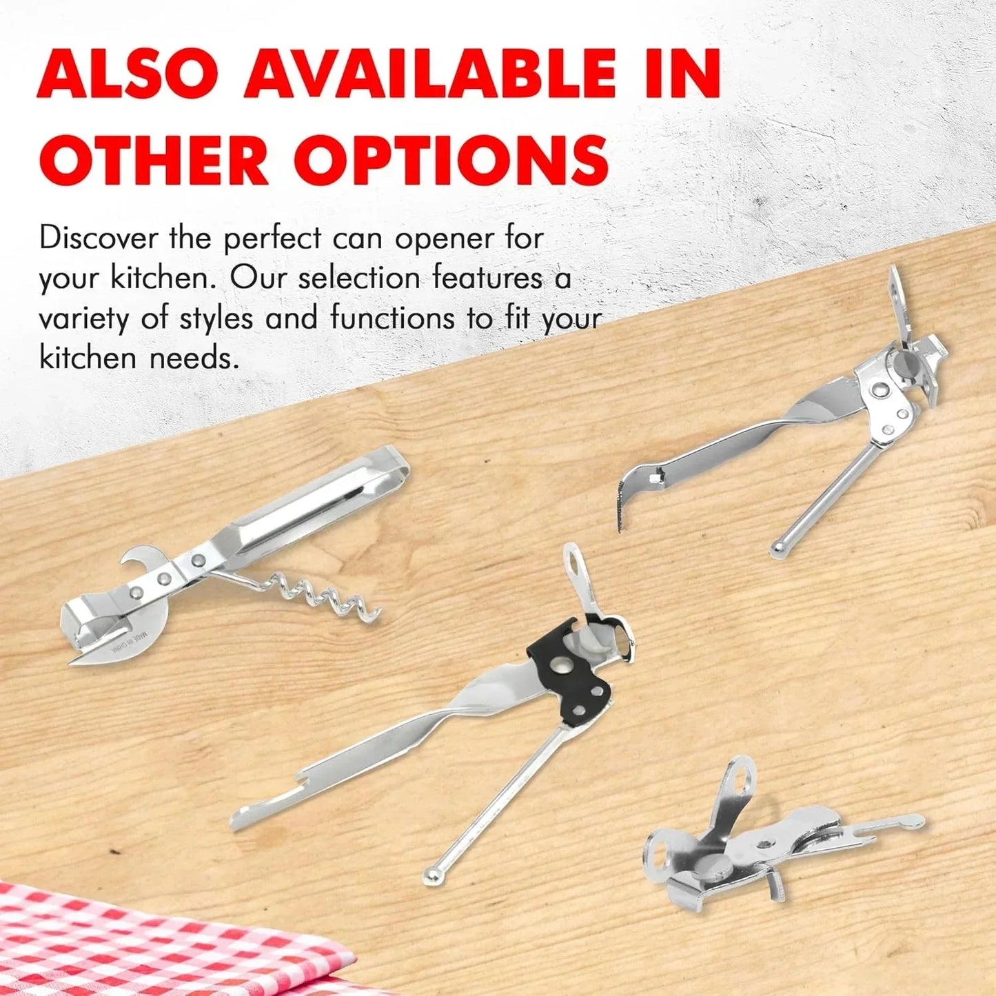 Stainless steel can openers and kitchen tools on wooden countertop, perfect for everyday cooking needs