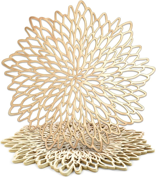 10 Pack Gold Vinyl Placemats - 14.4" X 14.4" round Table Mats and Plate Chargers with Leaf Design for Elegant Table Decor and Protection - Stylish Charger Plates for Events and Wedding Parties