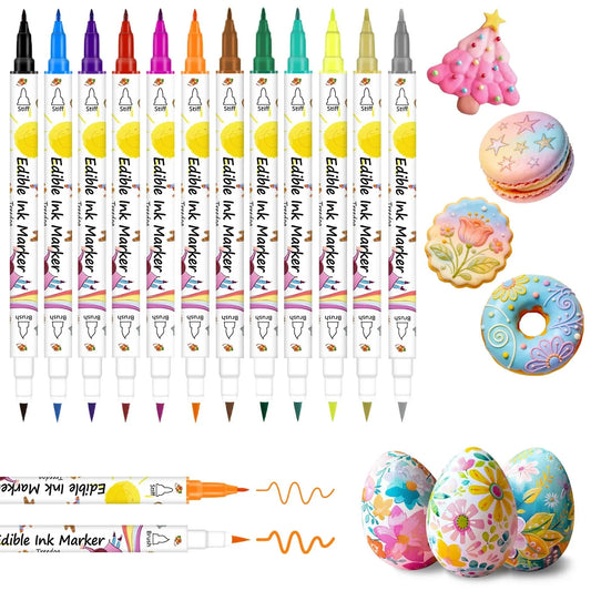 Food Coloring Marker Pens,12Pcs Dual Sided Food Grade and Edible Markers with Fine&Thick Tip,Edible Pen Gourmet Writers for Decorating Cake,Cookies,Fondant,Frosting,Easter Eggs,Painting,Drawing,Baking( for 12+ Year Old)