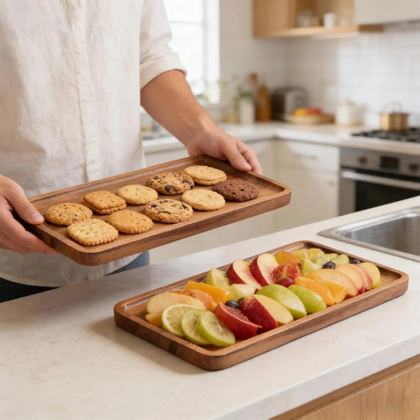 2 Pack Acacia Wood Serving Tray,9.8X5.9 Inch Decorative Trays Platter for Coffee Table,Living Room,Bar,Party,Mini Charcuterie Boards Cheese Board,Home Decor