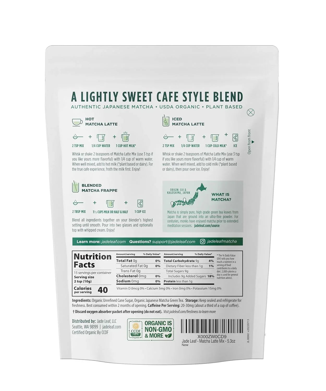 Organic Matcha Latte Mix - Lightly Sweet Japanese Matcha Green Tea Powder with Organic Cane Sugar for Café Style Blend, 5.3 Ounce / 150G (Pack of 1)