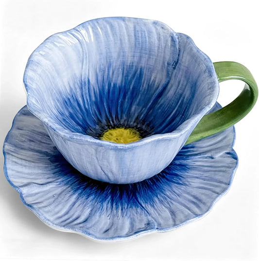 10 Oz Tea Cups and Saucers, Ceramic Flower-Shaped Cappuccino Cup, Latte Cup and Saucer Set, Elegant Floral Espresso Cup Set, Cups Are Microwave and Dishwasher Safe-Blue