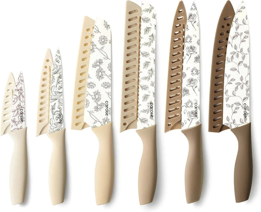 12PCS Knife Set, Kitchen Knife Set with 6 Blade Guards, Stainless Steel Knives Set with Nonstick Ceramic Coating, Rustproof, Delicate Floral Designs, White