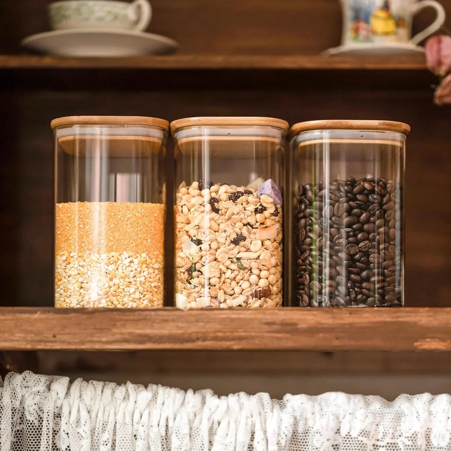 Glass Food Storage Jars 37 Oz Set of 6,Glass Storage Containers Clear Glass Food Canister with Bamboo Lid Airtight for Serving Tea, Coffee, Flour, Sugar, Candy, Cookie, Spice and More (Square)