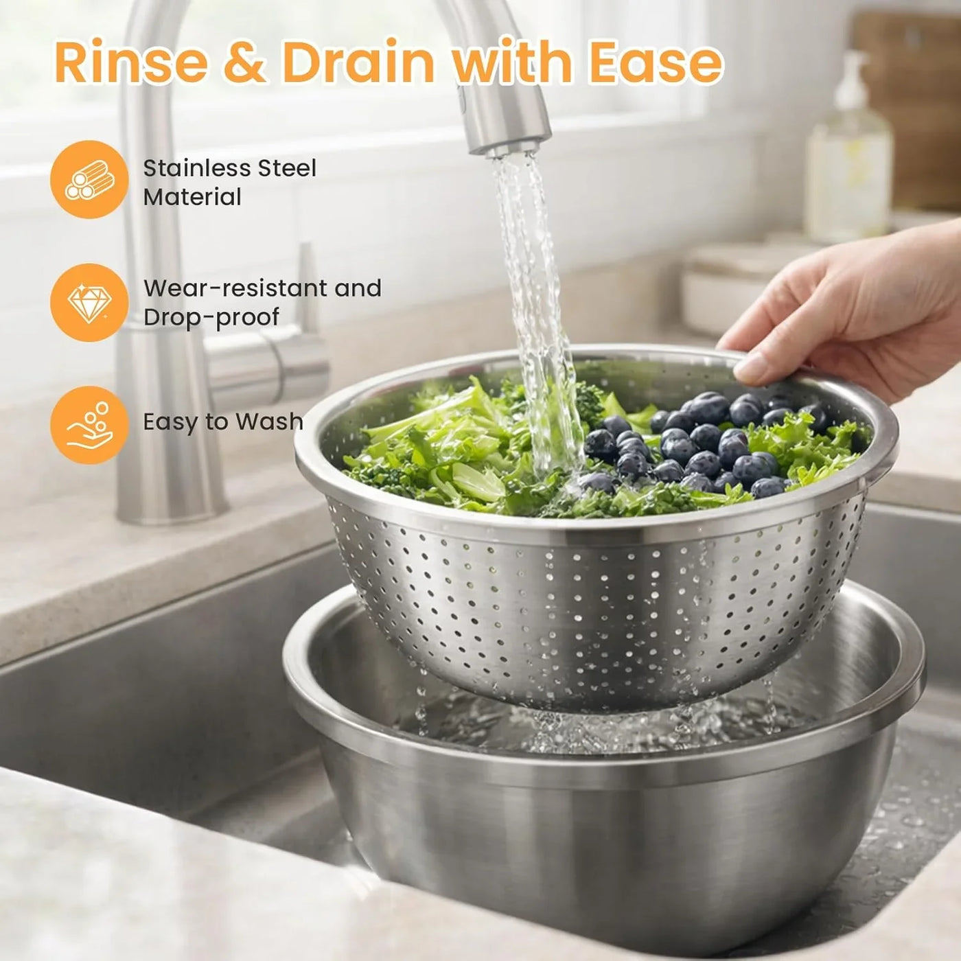 Mixing Bowls Stainless Steel Set, Germany Multifunctional Shredding Chopping Basin with Kitcgrater, Colander, Food Strainers (9.4In(24Cm))