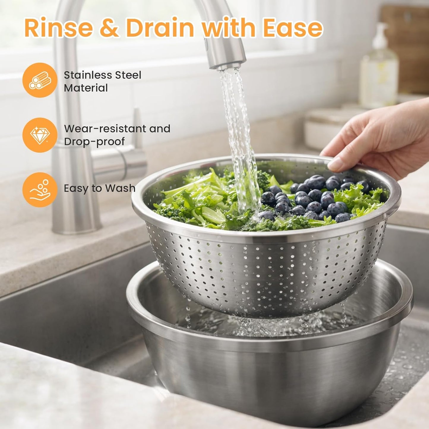 Mixing Bowls Stainless Steel Set, Germany Multifunctional Shredding Chopping Basin with Kitcgrater, Colander, Food Strainers (9.4In(24Cm))