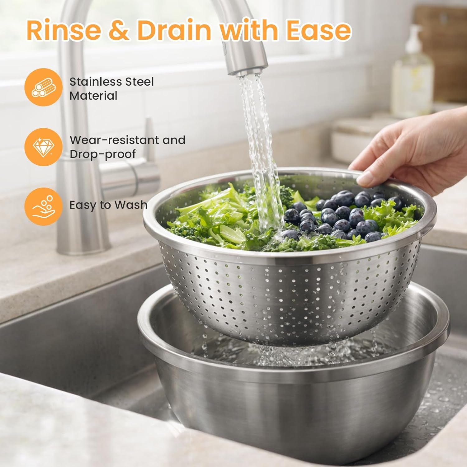 Mixing Bowls Stainless Steel Set, Germany Multifunctional Shredding Chopping Basin with Kitcgrater, Colander, Food Strainers (9.4In(24Cm))