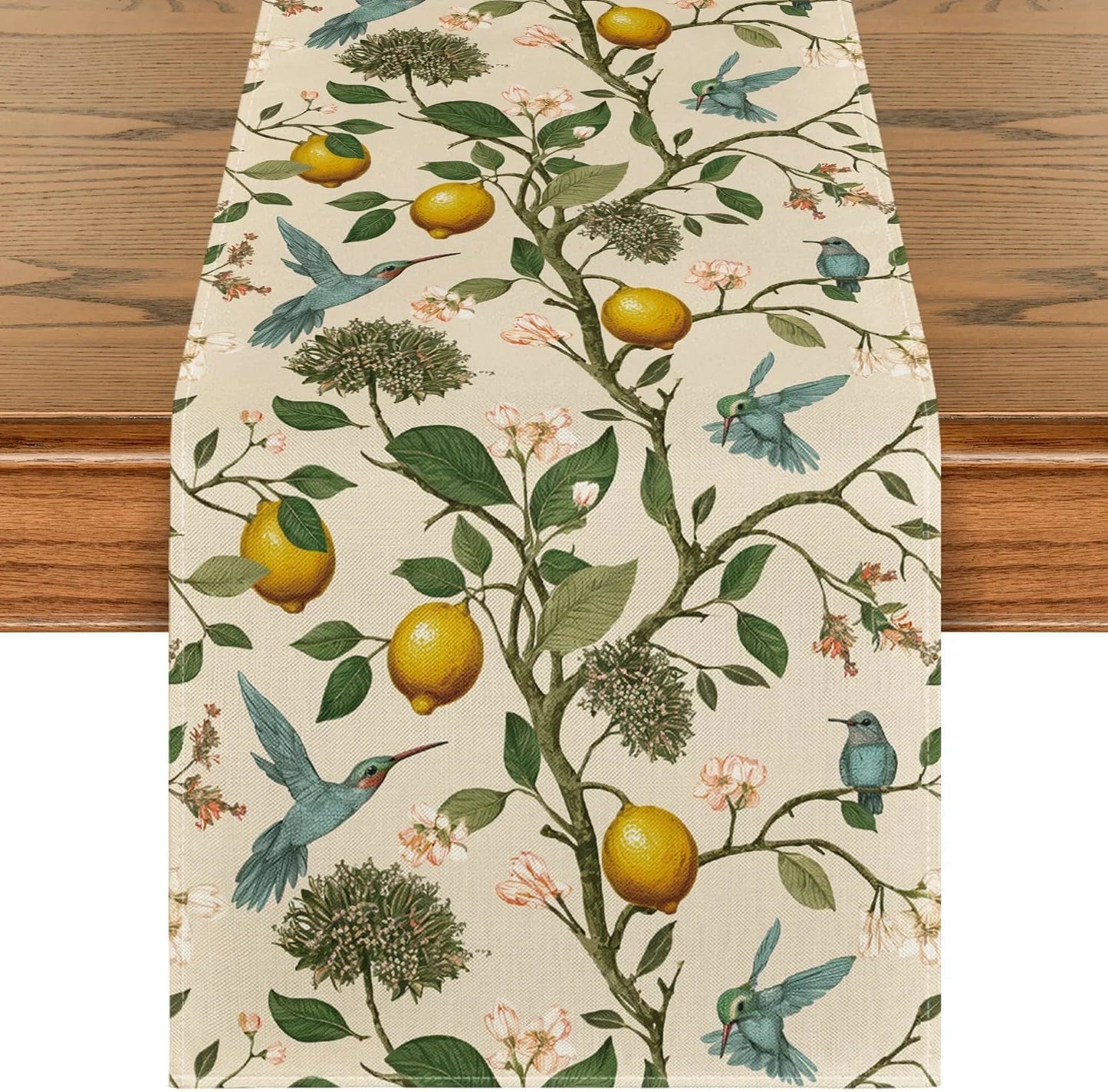 Brown Lemon Tree Bird Flower Summer Table Runner,Spring Kitchen Dining Table Decoration for Home Party Decor 13X72 Inch