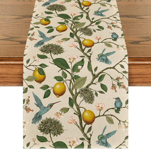 Brown Lemon Tree Bird Flower Summer Table Runner,Spring Kitchen Dining Table Decoration for Home Party Decor 13X72 Inch
