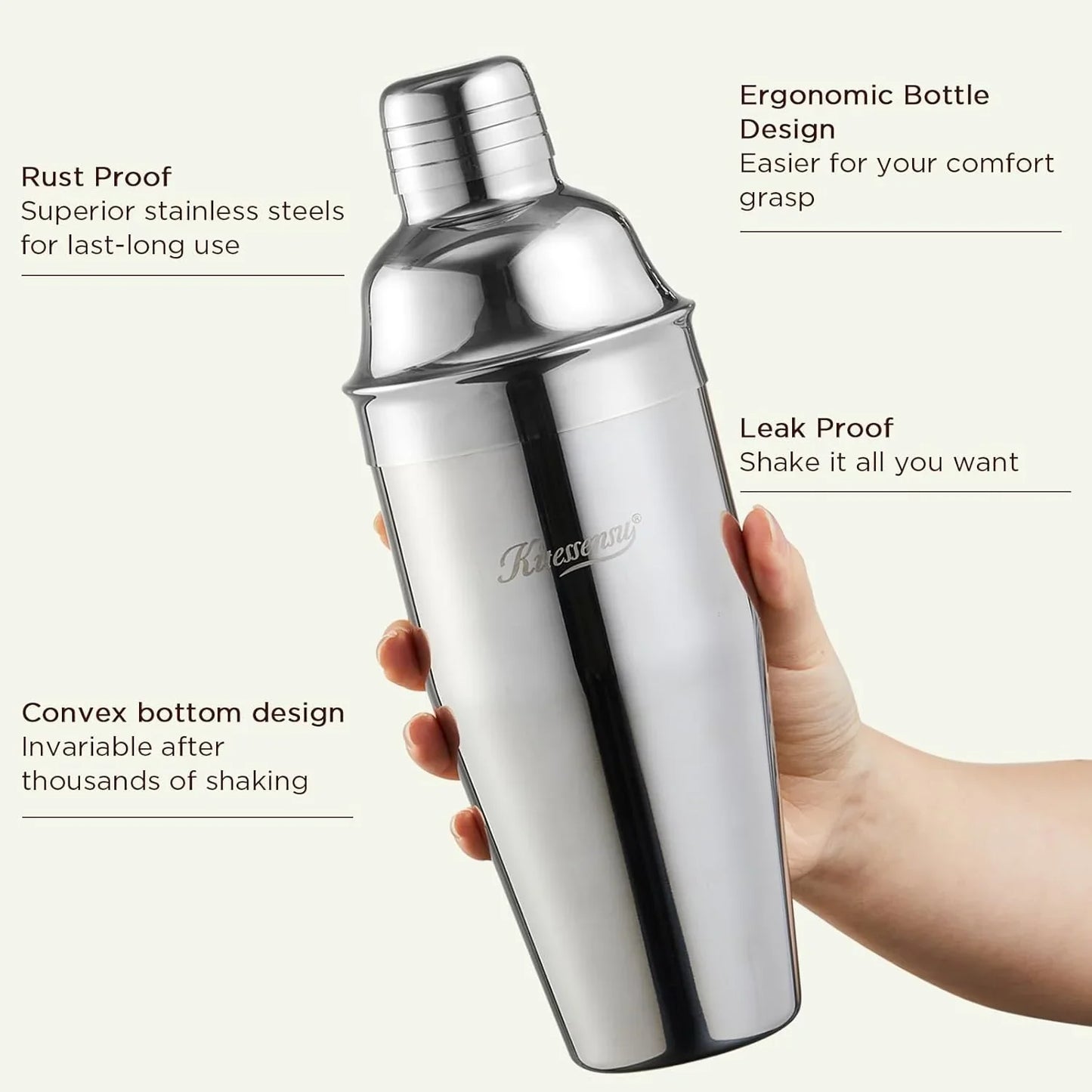 Cocktail Shaker,  24Oz Drink Shaker with Bartender Strainer, Measuring Jigger, Bar Mixing Spoon, Cocktail Recipe Guide, Professional Drink Mixer Set for Beginners, Silver