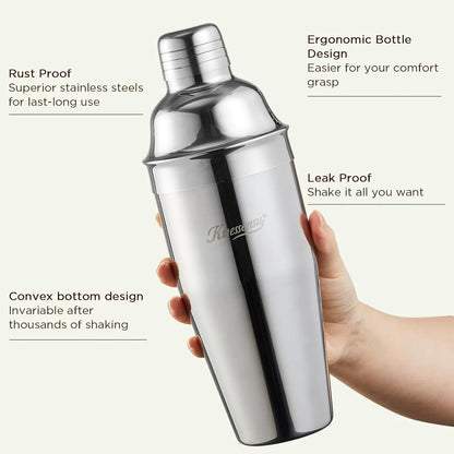 Cocktail Shaker,  24Oz Drink Shaker with Bartender Strainer, Measuring Jigger, Bar Mixing Spoon, Cocktail Recipe Guide, Professional Drink Mixer Set for Beginners, Silver