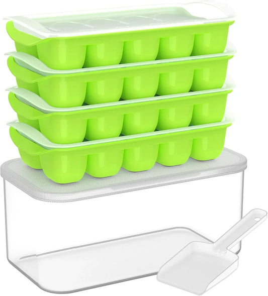 Ice Cube Tray with Lid and Bin - 4 Pack Ice Bucket Kits, Stackable Silicone Ice Trays for Freezer, Easy Pop Out, BPA Free for Cocktail, Coffee, Soup, Food, RV, Kitchen