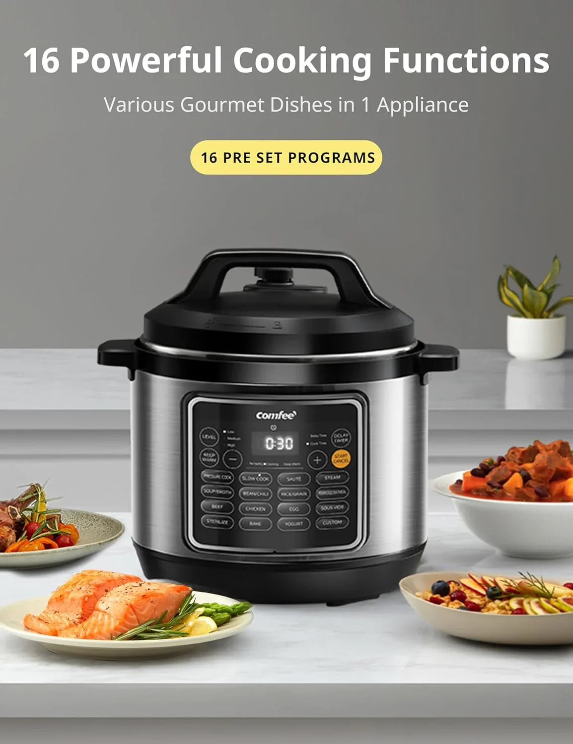 COMFEE’ Pressure Cooker 8 Quart with 16 Cooking Functions, Olla De Presion Non-Stick Pot Yogurt Maker Rice Cooker Slow Cooker Sauté Steamer, Healthy Ceramic Inner Pot