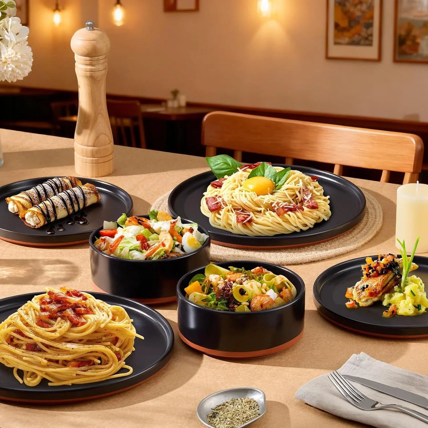 12 Pieces Porcelain Dinnerware Sets, Premium Plates and Bowls Set, High-Fired Ceramic Dishes Set for 4, Chip & Scratch Resistant, Microwave Dishwasher Safe, Charcoal Black