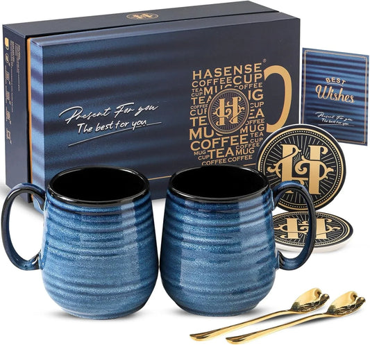 Coffee Mugs Gift Set, 20 Oz Ceramic Coffee Cups for Men and Women, Premium Large Tea Cups Gift Box with Coaster & Gold Spoon, Blue Couple Mugs for Wedding Holiday
